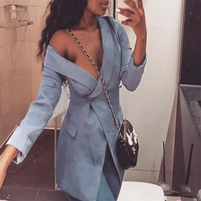 Сексуальные блейзеры на одно плечо женские синие Асимметричные рабочие зимние