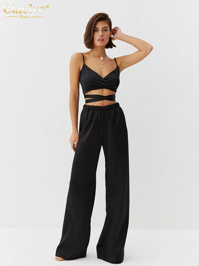 

Clacive Sexy Lace-Up Crop Top Set Woman 2 Piece Summer Bodycon High Waist Pants Set Female Fashion Black Satin Trouser Suits