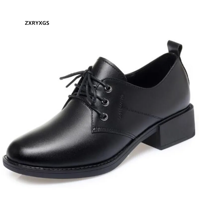 

2021 New Lace-up Genuine Leather Black Shoes Woman Leather Shoes Thick Heels Soft Sole Large Size Comfortable Fashionable Shoes