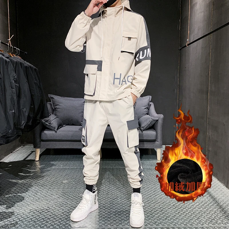 

Men's Tracksuit Fall/winter Man 2 piece Set Sweat Suit Polyester Overalls Korean Add wool thicken Plus Size Hoodies/harlan Pants