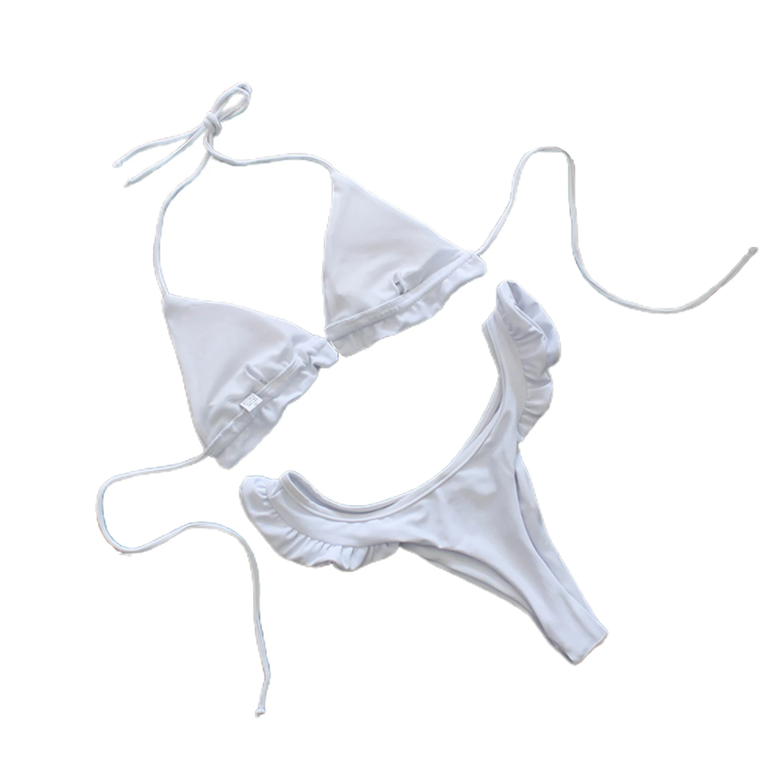 

Meihuida Women Sexy Solid Color Halter Bikini Sets, Triangle Tie Up Bra Ruffle High Cut Swim Thong Swimwear Bathing Suits