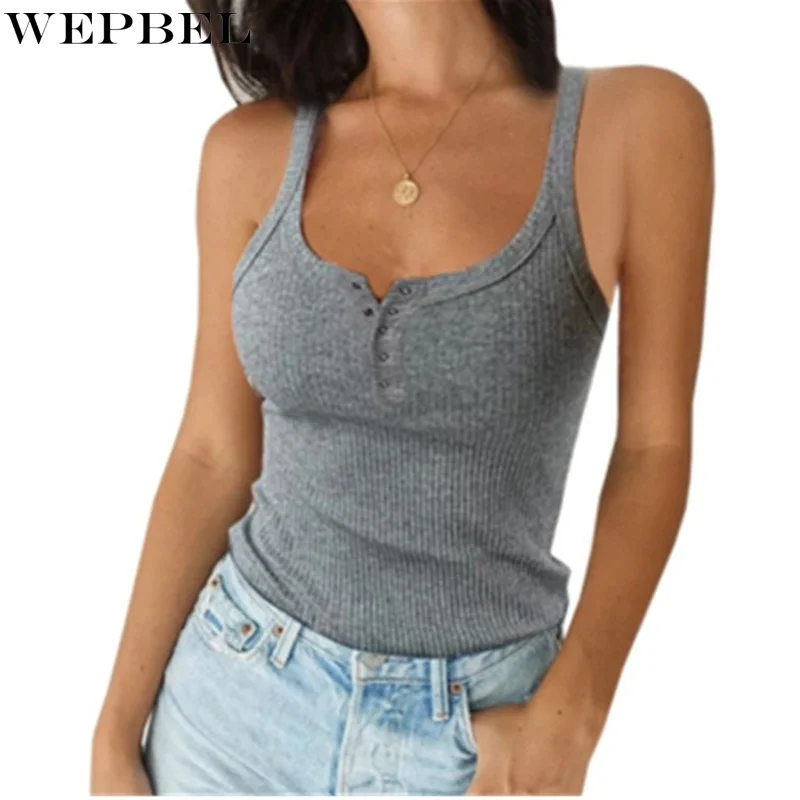 

WEPBEL Women Summer Fashion Skinny Button Shirt Top Ladies Spring Summer Sleeveless Slim Fit Bottoming T-shirt