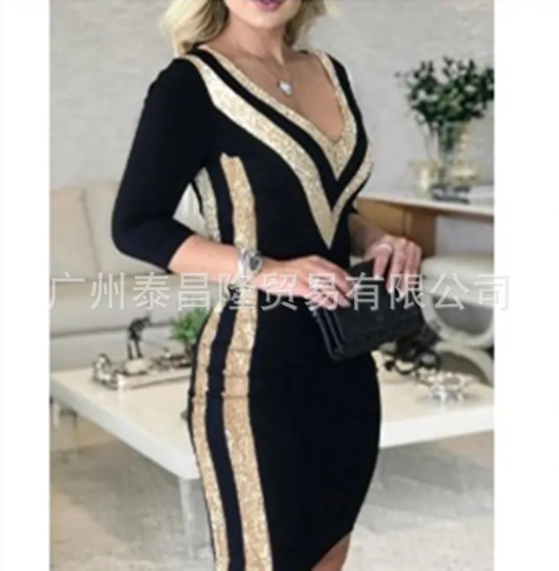 

Black and white stitching golden deep V sexy bag hip dress leopard print skirt