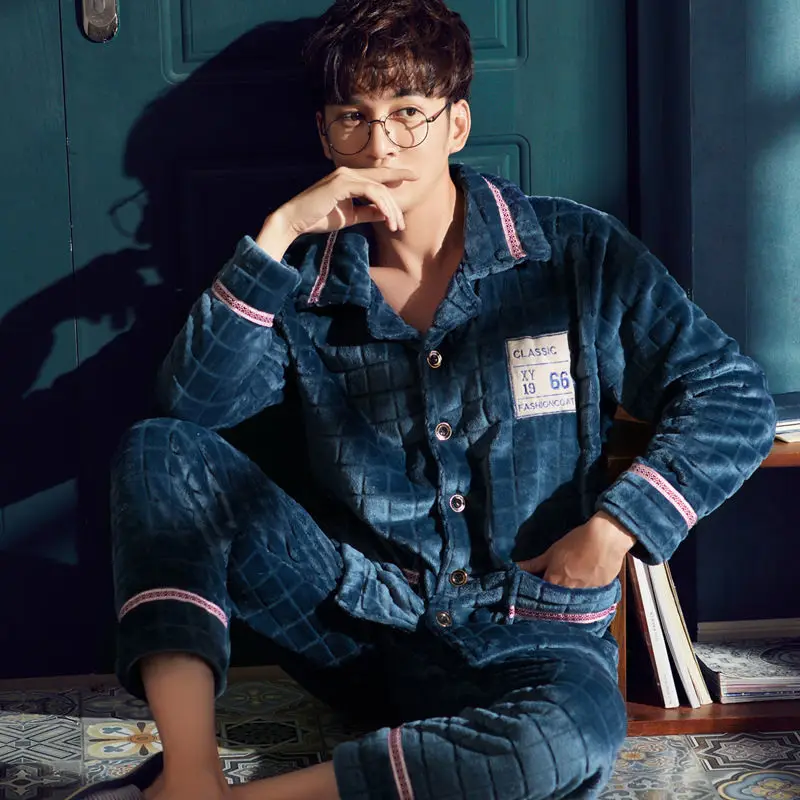man pajama set Теплая Пижама Мужская Фланелевая Зимняя Толстая Пижама Мужская Толстая пижама с длинным рукавом Повседневная Осенняя Пижама для мужчин коралловый флис для сна XXXL - Цвет: man pajama set