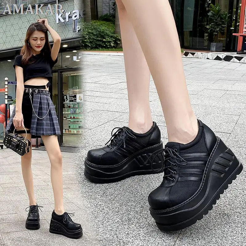 

Brand New Punk Street Fashion Black Gothic Style Girls Cosplay Platform High Heels Sneakers Wedges Shoes Woman Pumps Big Size 43