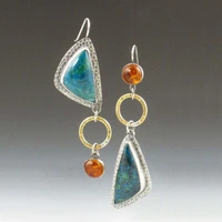 two tone metal geometric circle triangle natural stone asymmetric earrings for women fashion vintage gypsy jewelry wholesale