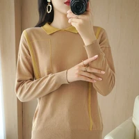 doll collar color matching design 100 cotton sweater women autumn winter new knitted pullover loose versatile bottoming shirt