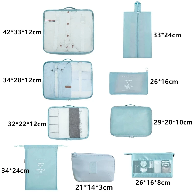 9-piece Set Packing Cube Suitcase Clothes Classification Storage Bags High Quality Underwear Shoes Organizer Travel Makeup Bag