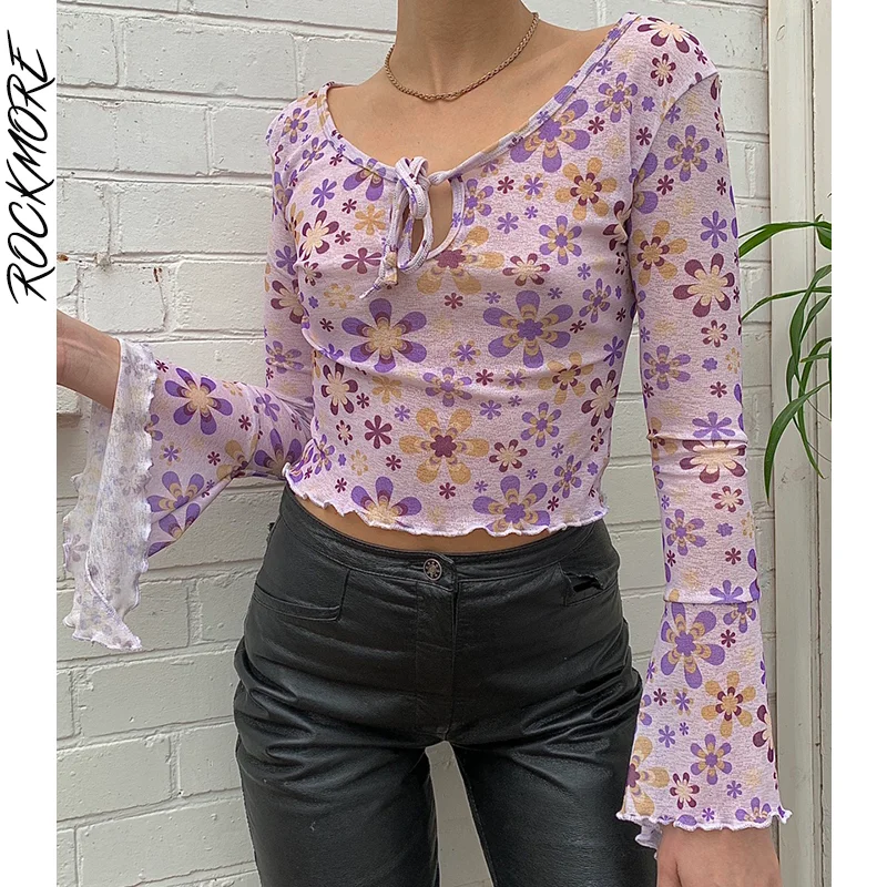 

Rockmore Grunge Print Cropped Top Women'S Flare Sleeve Tshirts Aesthetic Floral Lace Up V Neck Tees Female Vintage Clothes