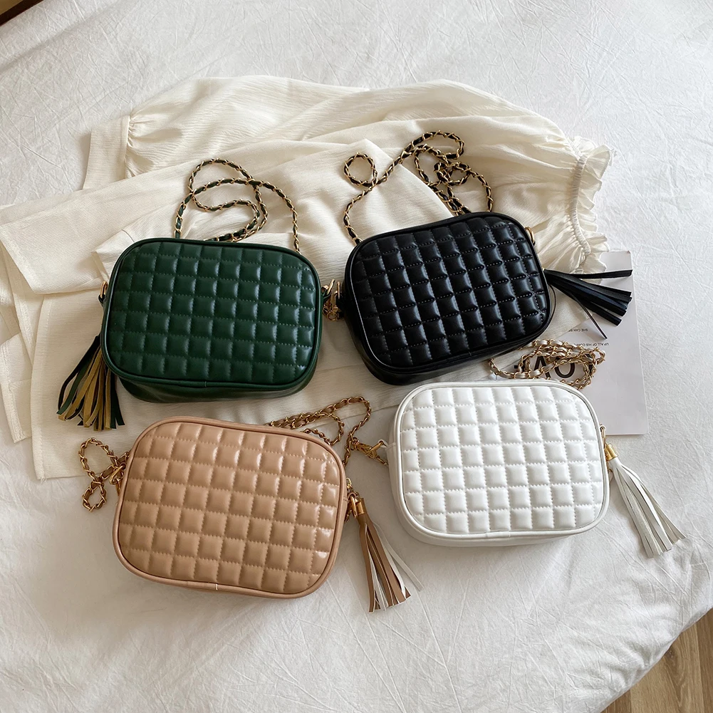 

Fashion Women Lattice Pattern Tassel Shoulder Crossbody Bags PU Leather Messenger Bag Casual Ladies Solid Color Chain Handbags