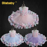 summer style 2 10 year girl sleeveless rainbow 3d flowers ruffle dress child voile ball gown kids holiday birthday party dresses