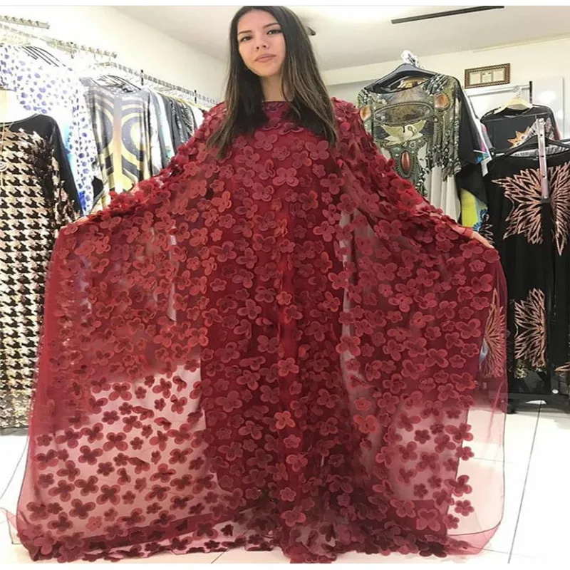 

African Women Floral Applique Sequins Dress Dashiki Batwing Sleeve Mesh Maxi Dress Three-dimensional Embroidery Dress Oversizes