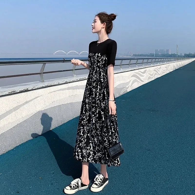 

Women Floral Patterned Dress, Calf-Lenght, Solid Black Top and Floral Skirt, Short Sleeve