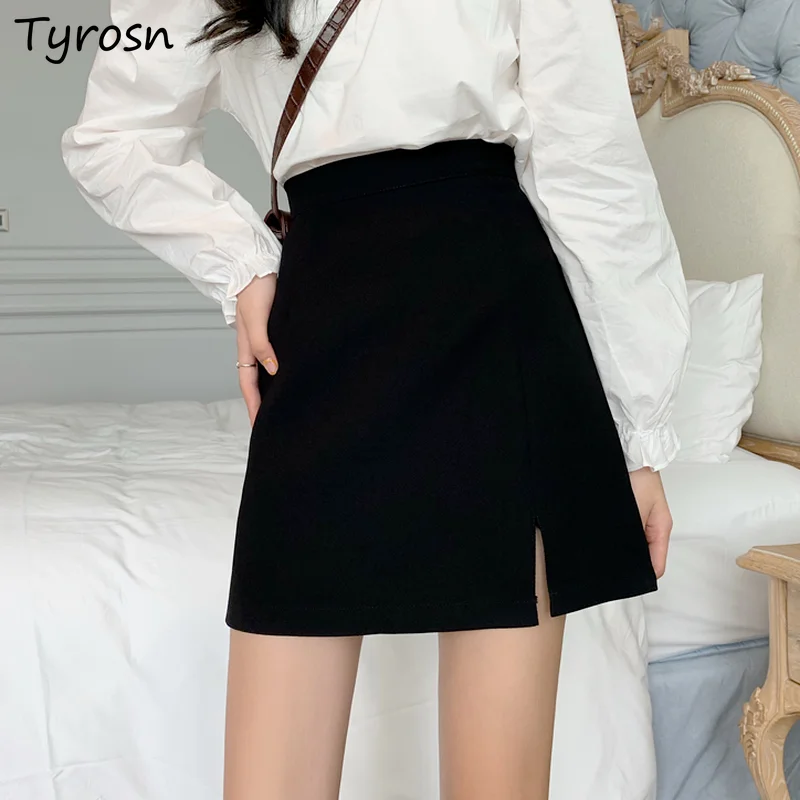 

Women Bodycon Skirts Side-slit Solid Designed Elegant Empire Waist Trendy Office Lady Mini Skirt Mujer Simple All-match Ulzzang