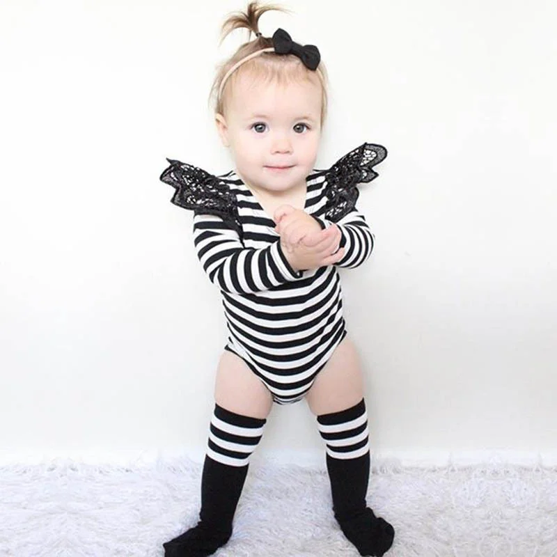 

MALAYU BABY Newborn Clothing Girl Romper Spring Summer New Cotton Long-Sleeved Striped Lace Jumpsuit 0-2 Year Infant Bodysuit
