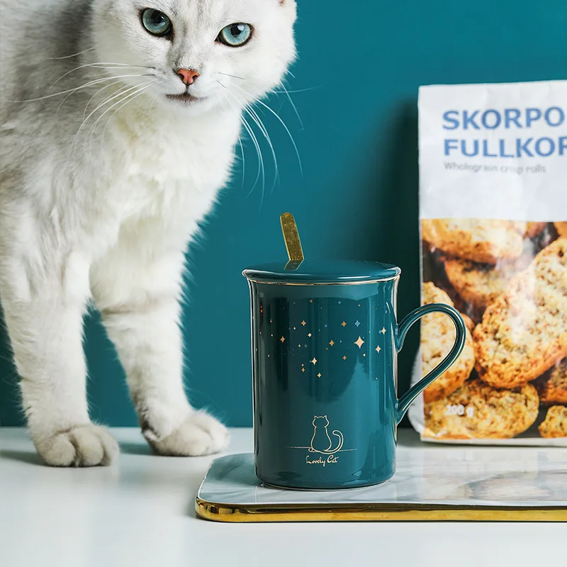 Керамическая кружка с котом и звездным небом крышкой ложкой винтажная