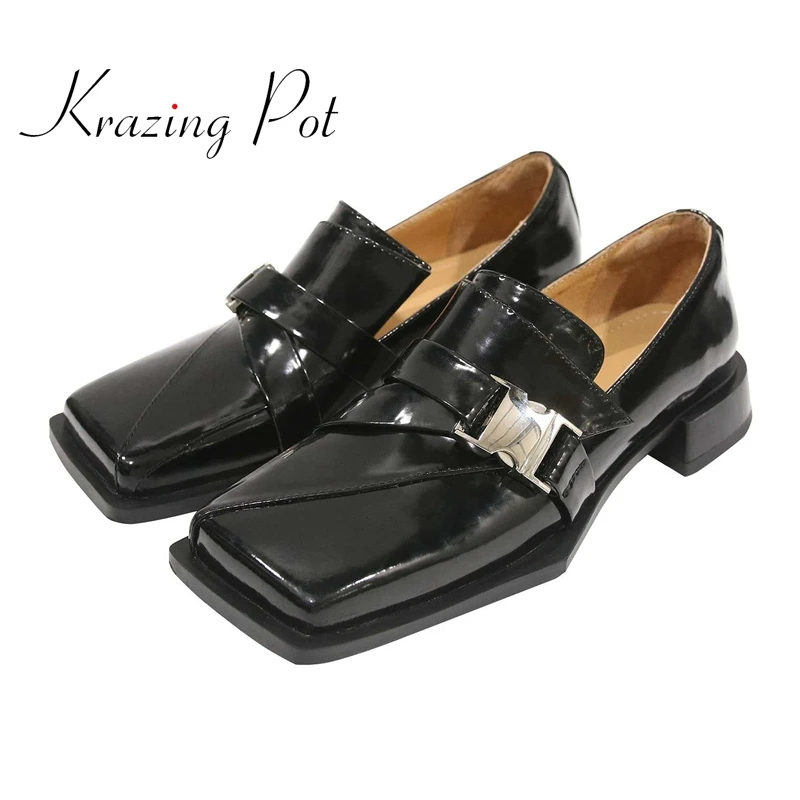 

Krazing Pot full grain leather square toe med heel high quality handmade shoes women neutral young lady fashion black pumps L72
