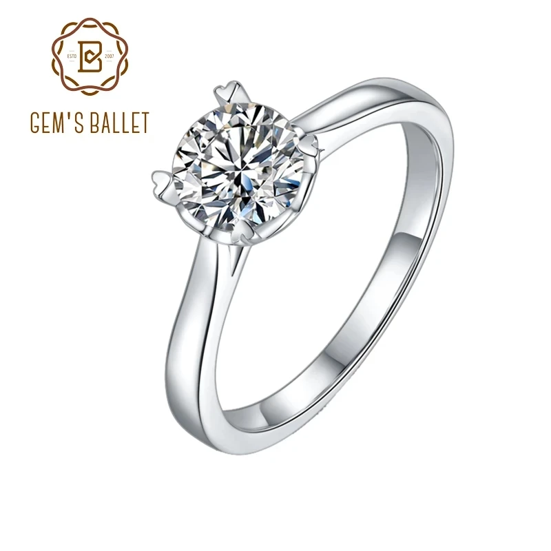 

GEM'S BALLET 925 Sterling Silver 4 prong Solitaire Engagement Ring Jewelry 1Ct 6.5mm Round Moissanite Ring for Women Classic