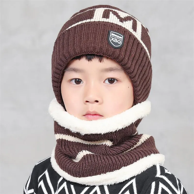 Детский Зимний вязаный комплект из шапки и шарфа теплая плюшевая шапка для