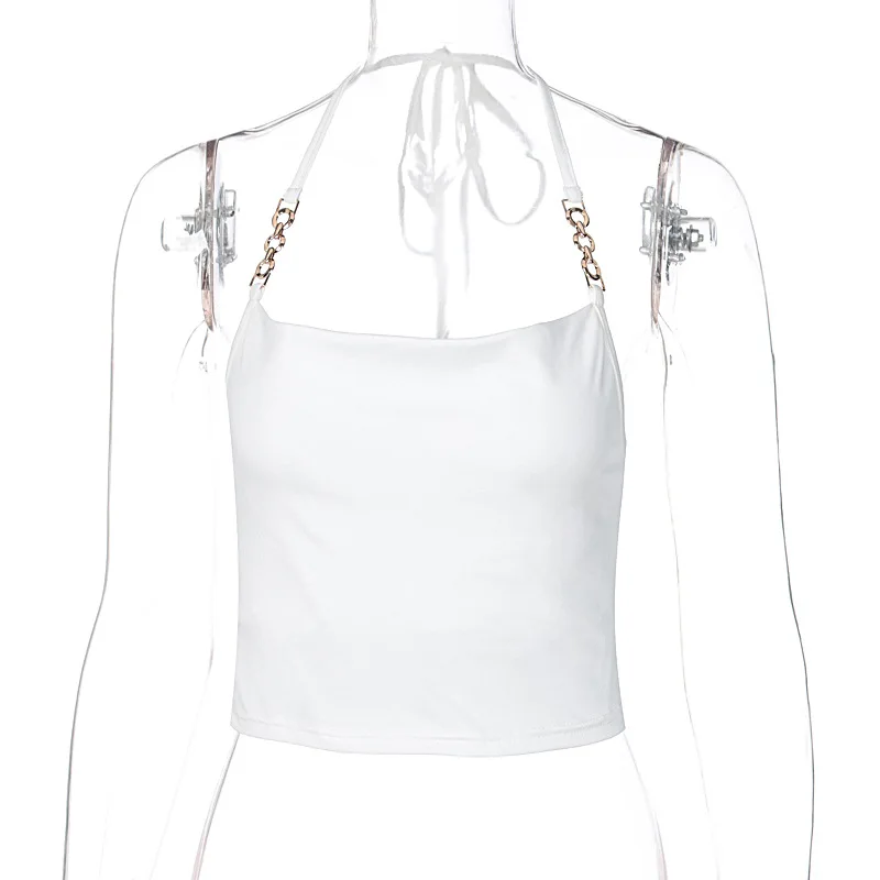 

White Crop Top Womens Chain Stitching Halter Top Sleeveless Backless Sexy Tube Cami Female Summer Clothing Fashion Streetwear