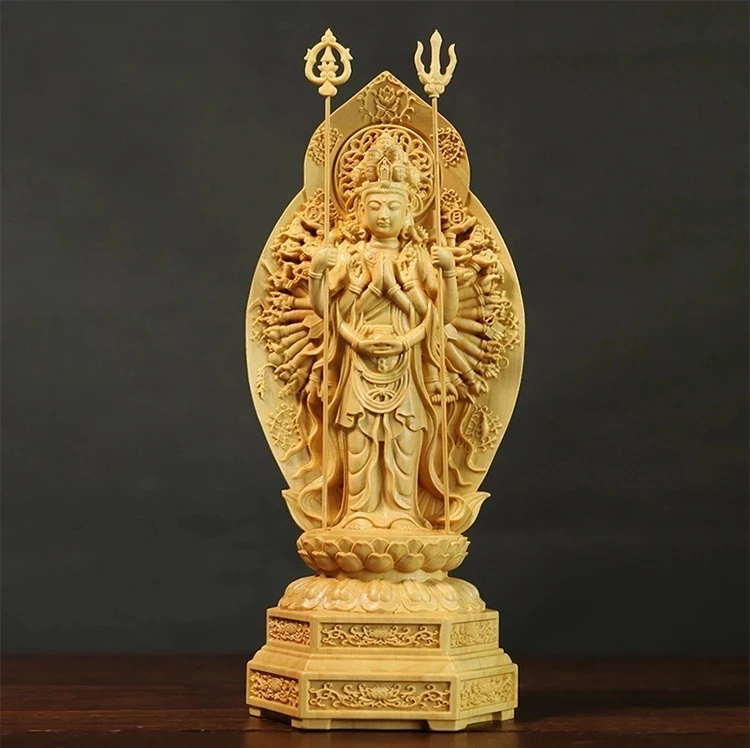 

Boxwood 21cm Thousands Hands Guanyin Sculpture Wood Buddha Statue Buddhism Worship Home Decor