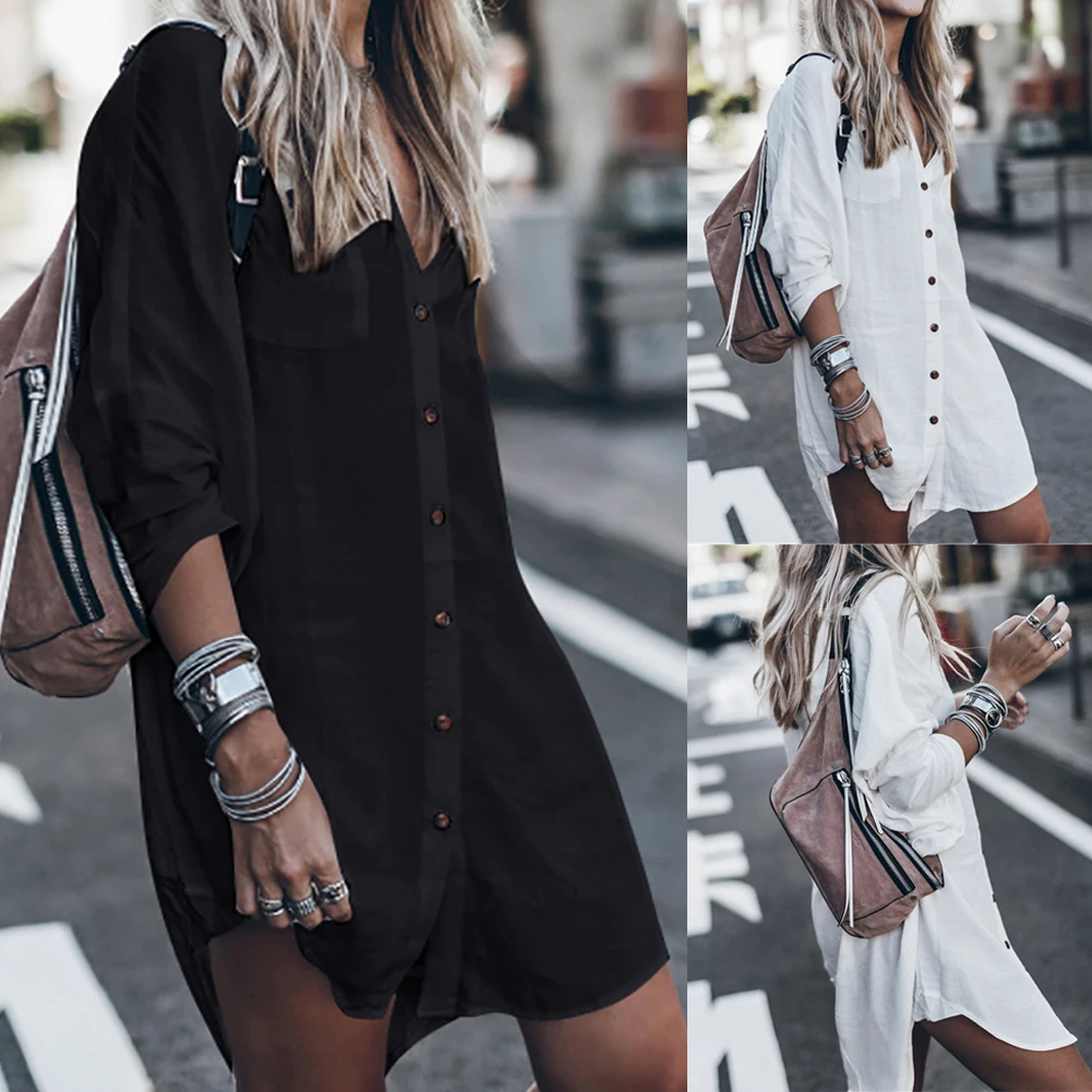 

2020 Women Summer Long Sleeve Shirts Fashion Black White Long Loose Blouse Beach Holiday Casual Shirt Top Street Wear