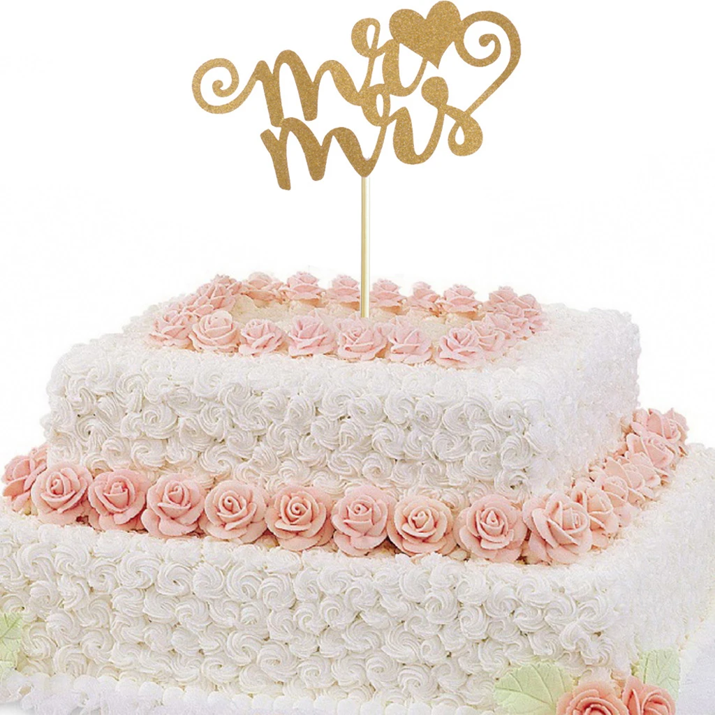 20pcs/set Glitter Paper Wedding Mr &amp Mrs Heart Cake Cupcake Topper Pick Decor Gold/Silver | Дом и сад