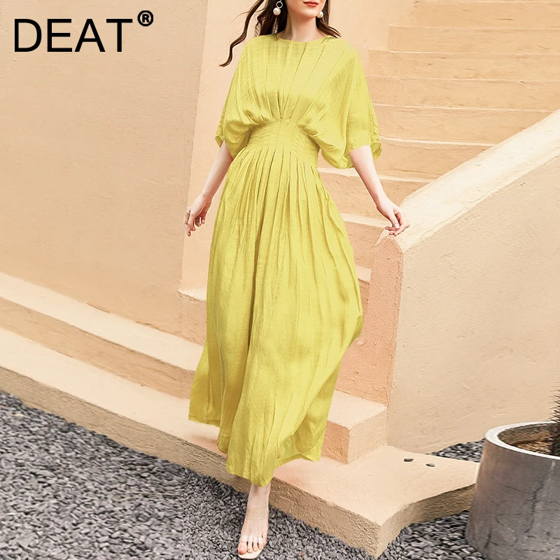 

Женский комбинезон с широкими штанинами DEAT, светильник-желтый плиссированный комбинезон из шелка и хлопка с высокой талией и рукавами «лет...