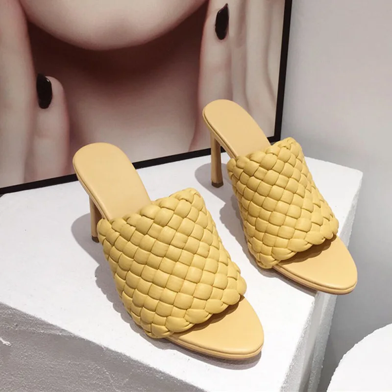 

2021 Leather Braided High Heel Sandals Women Runway Party Shoes Woman Cross Weave Mules Shoes Sexy Thin Heel Slippers Woman