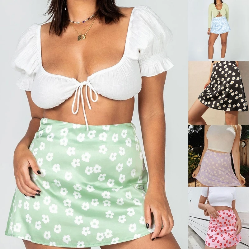 

Women Summer High Waist Satin Sexy A-Line Mini Skirt Harajuku Sweet Floral Print Candy Color Slim Back Zipper Streetwear