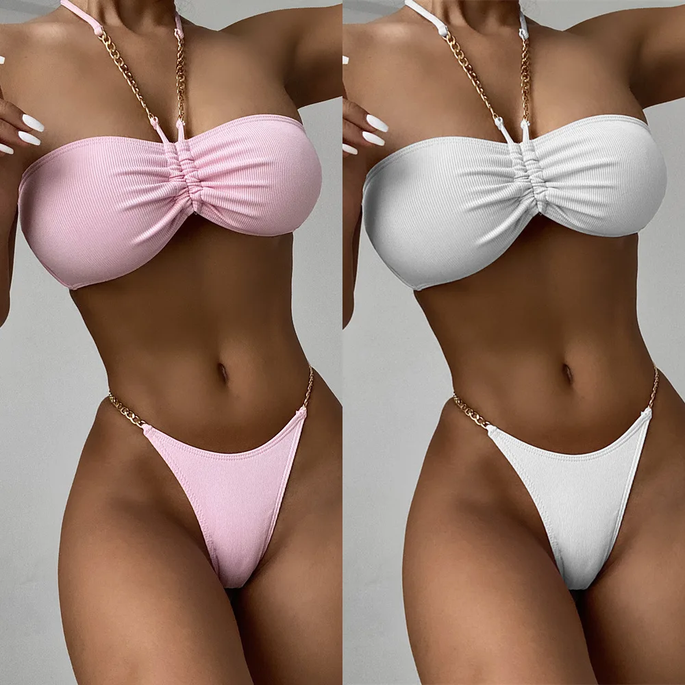 

Bikini Set 2021 Swimsuit Women 2 Peice Sexy Swimwear V Waist Push Up Bandeau White Pink Mini Chain Bathing Suit Thong Swimming