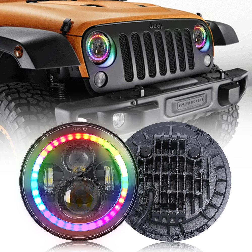 Светодиодные фары Jeep Wrangler JK 7 дюймов RGB управление Bluetooth светодиодное кольцо
