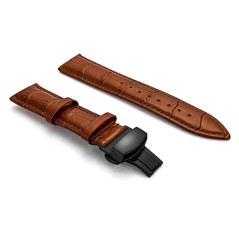 black-Light Brown Глянцевый ремешок для часов из натуральной кожи 12-24 мм ремешок для часов бабочка стальной ремешок с пряжкой+ инструмент - Цвет ремешка: black-Light Brown