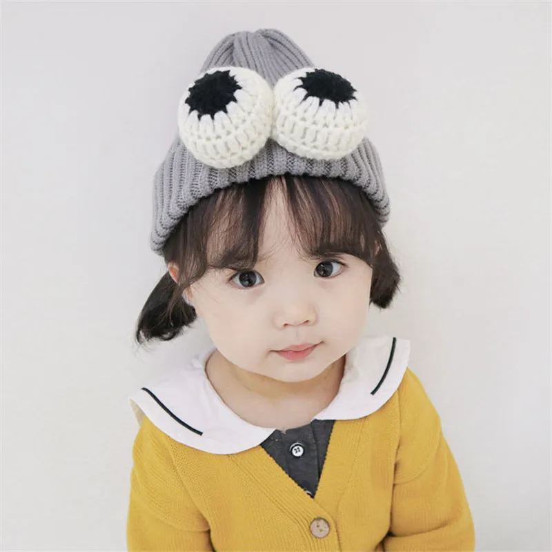 2019 зимние серые милые детские шапки с большими глазами теплые унисекс для