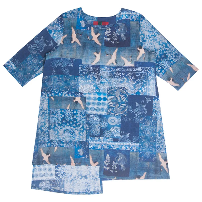 Women Printed Irregular Length Print Tops Shirts Ladies Vintage Long Blouse Female Retro Spring Summer Half Sleeve | Женская одежда