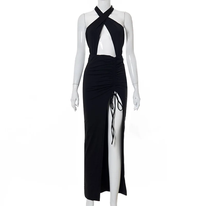

Sibybo Black Cut Out Halter Dress Women Summer Backless High Split Long Dresses Femme Sleeveless Sexy Night Party Vestidos 2021