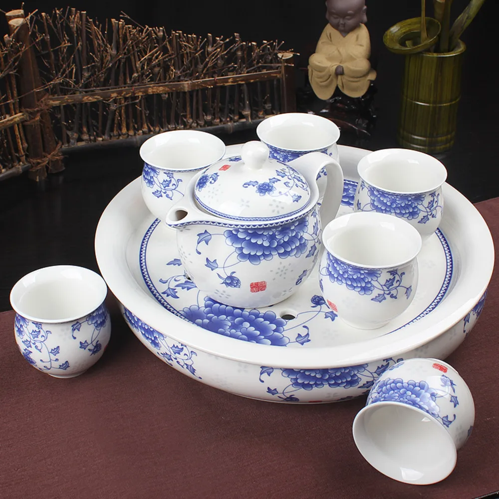 

Kitchen Bar Counter Supplies White Porcelain Blue and Double Layer Anti Scalding Kungfu Tea Set with Tray for Home Use