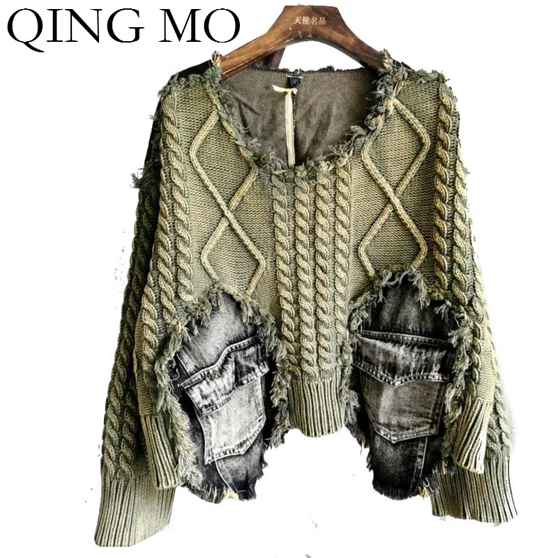 Женские пуловеры QING MO свитер Осеннее шерстяное джинсовое пальто с карманами и