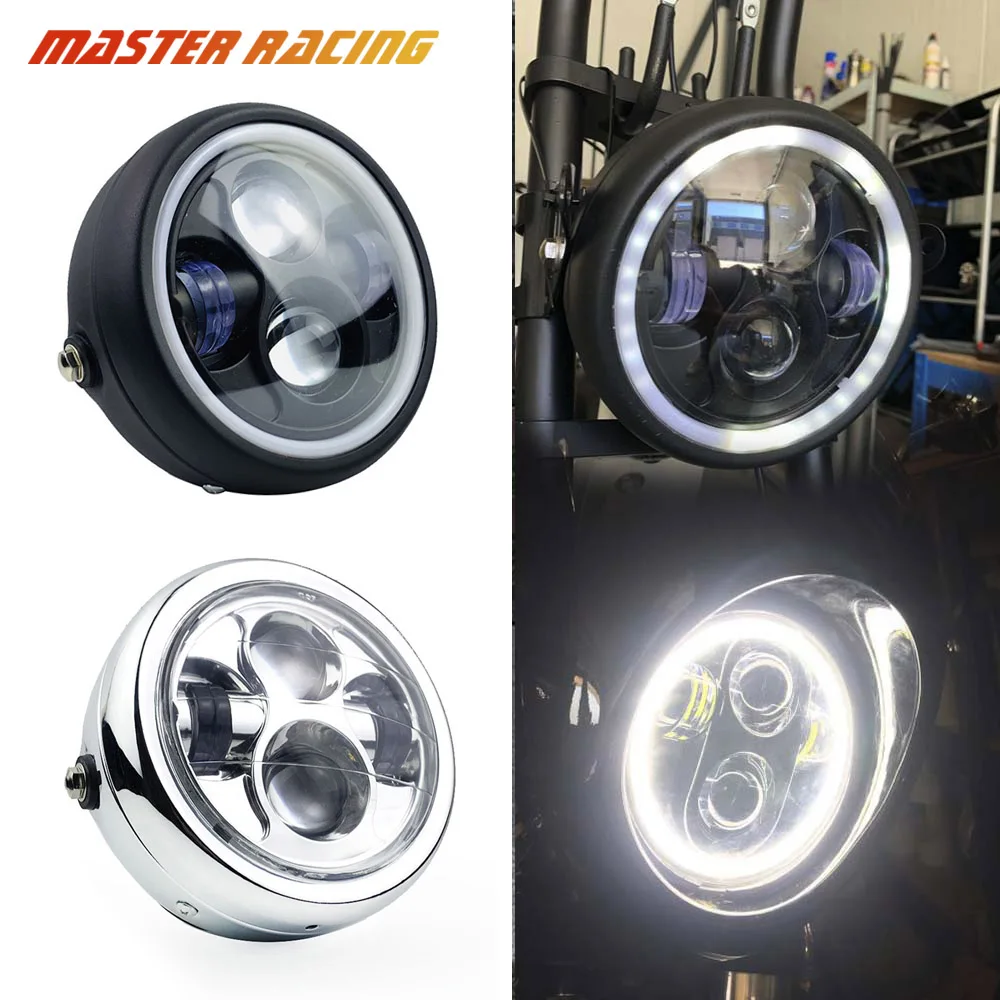 Universal Headlamp Motorcycle LED Angel Eye High Low Beam Front Headlight Vintage Light For Honda Harley |