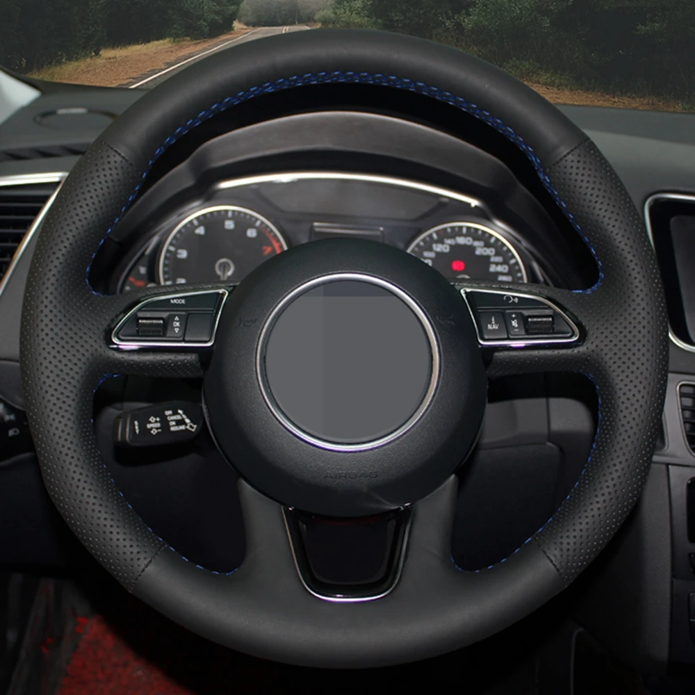 Чехол рулевого колеса автомобиля ручной работы черная натуральная кожа для Audi Q3