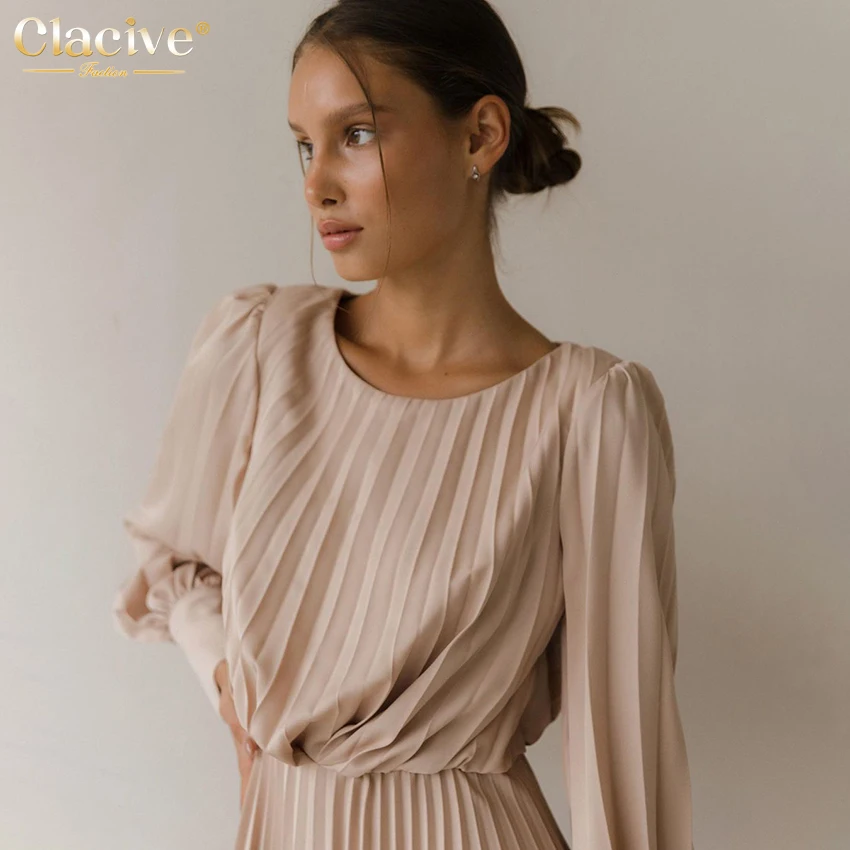 

Clacive Casual Khaki O-Neck Mini Dress Fashion Long Sleeve Pleated Casual Women'S Dresses Autumn Vintage Loose Office Lady Dress
