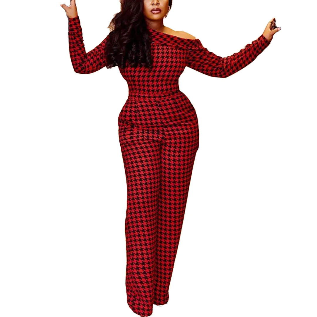 

Sm9133 European and American women's fashion casual sexy print side leak shoulder invisible zipper loose long sleeve Jumpsuit