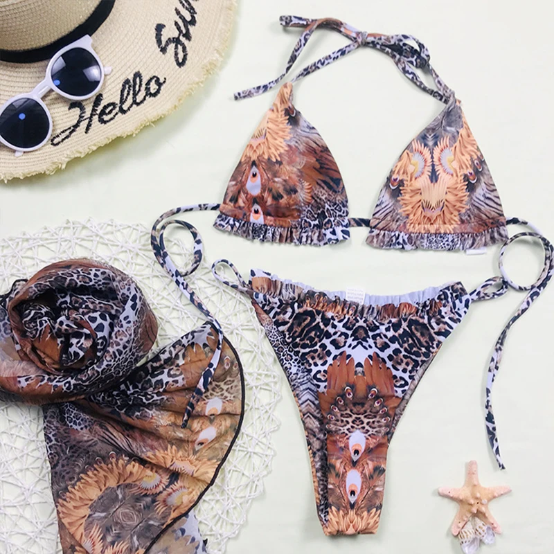 

Sexy Leopard Bikini With Skirt Halter Swimwear 3 Piece Sets Women's Swimsuit 2021 Mesh Bathing Suit Halter Bikinis Beachwear