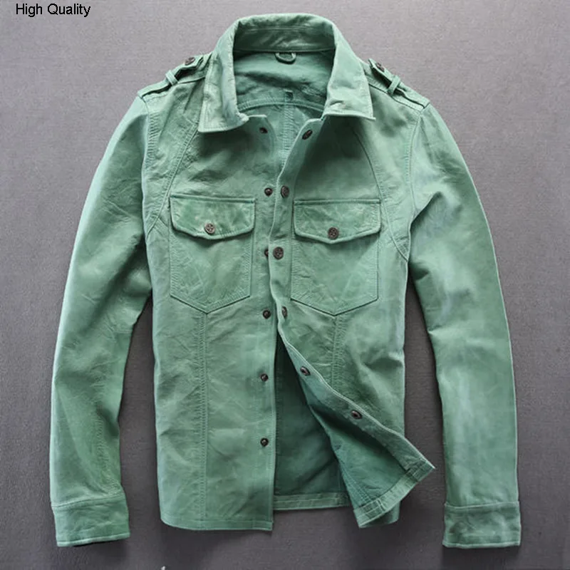 Мужская приталенная рубашка из натуральной козьей шкуры зеленая/белая тонкая