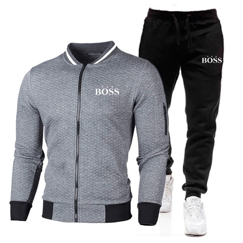 

New Yes Boss Men's Autumn Winter Sets Zipper Hoodie+Pants Two Pieces Casual Tracksuit Male Sportswear Brand Clothing Sweat Suit