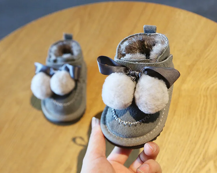 Claladoudou 12-14cm Brand Genuine Leather baby snow boots khaki black gray cute pompom bow tie princess dress shoes for winter