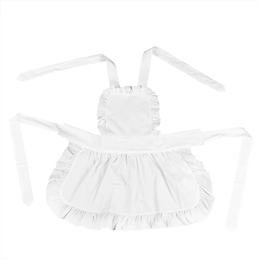 

New1Pcs White Cotton Women Maid Apron Ruffle Hem Kitchen Solid Color Apron Cotton White Ruffled Kitchen Bib Cooking Apron