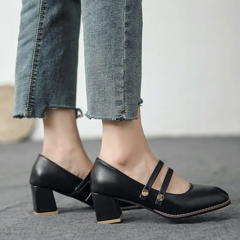 

GOOHOJIO 2020 New Black High Heels Shoes Women Pumps Fashion Patent Leather Platform Shoes Woman Round Toe Mary Jane Shoes Mujer