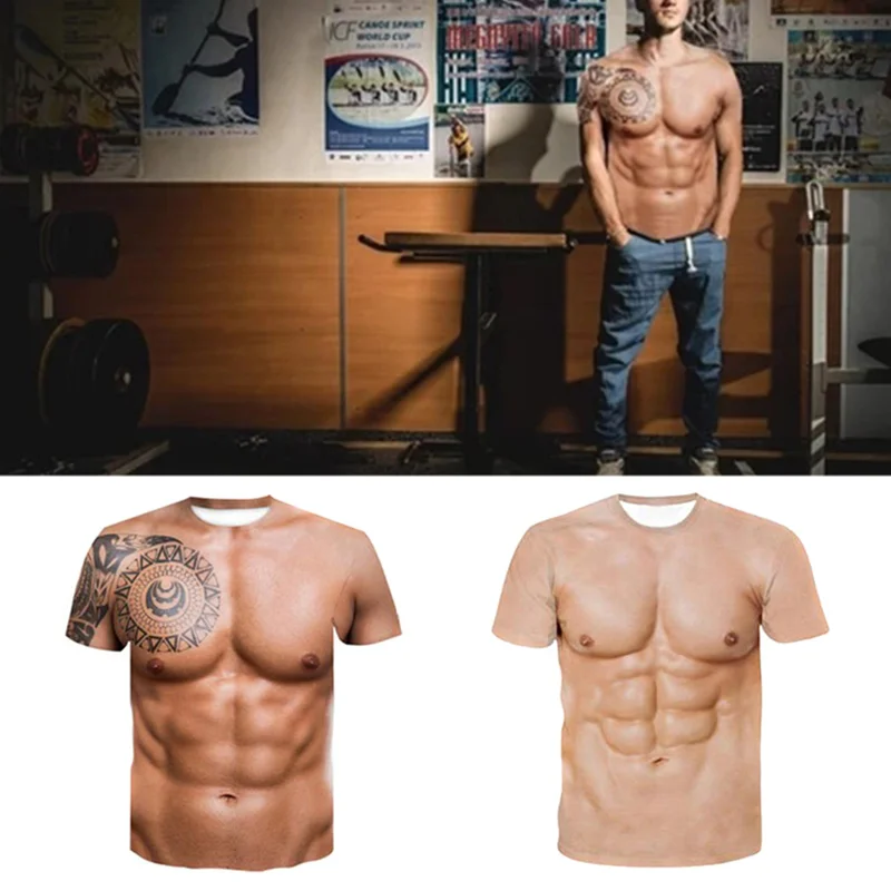 2021 Top Selling New Funny Muscle Tee Cool Tattoo Print T-Shirt Men Short Sleeve 3D Digital Printing Fake T-shirt | Мужская одежда