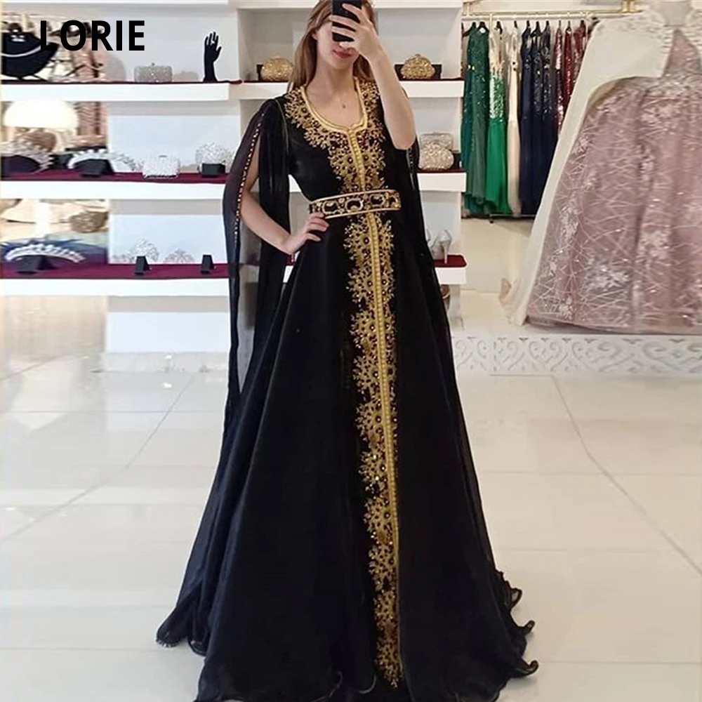 LORIE Moroccan Caftan Black Evening Dresses Formal Chiffon Cap Sleeves Formal Gold Lace Appliques Dubai Party Gowns Custom Made